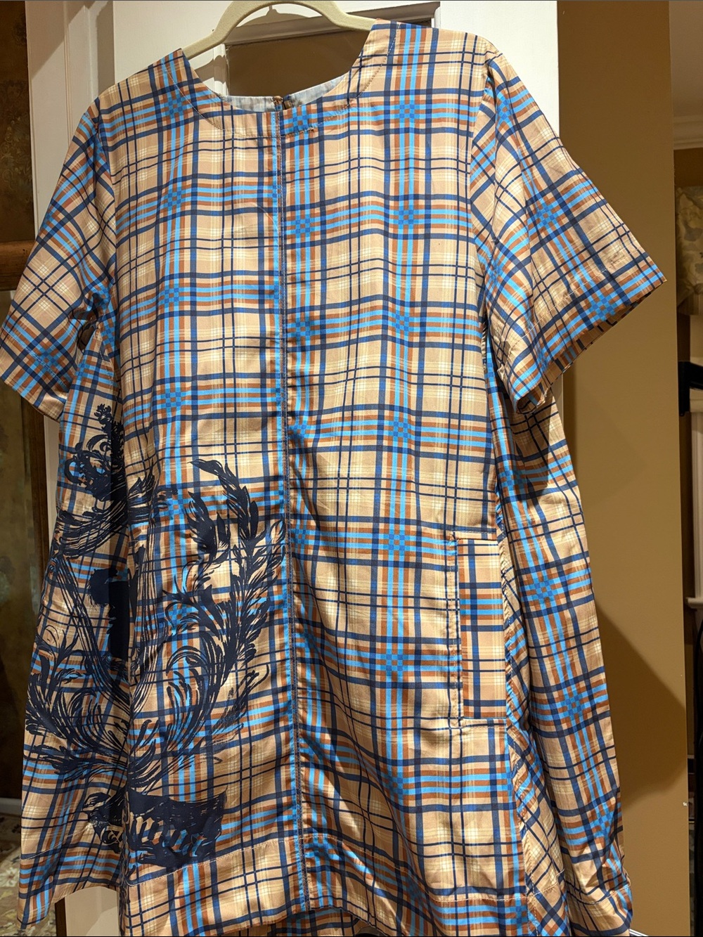 Maeve Beige Plaid Mini Dress with Blue and Navy Accents